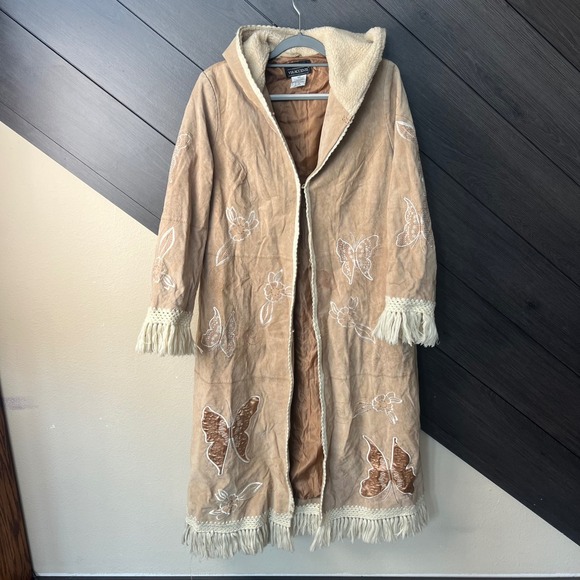Via Accenti Jackets & Blazers - Via Accenti Womens Leather Hooded Duster Coat Butterfly Embroidered 14W Tan Boho